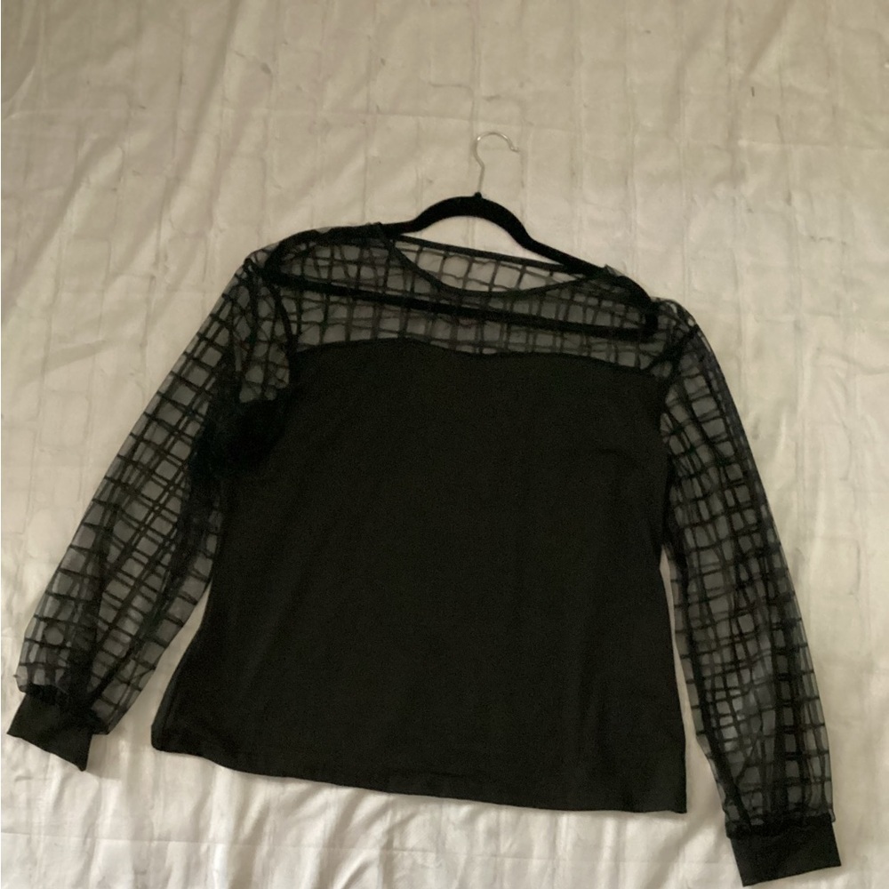Black Sheer Grid-Pattern Long Sleeve Top